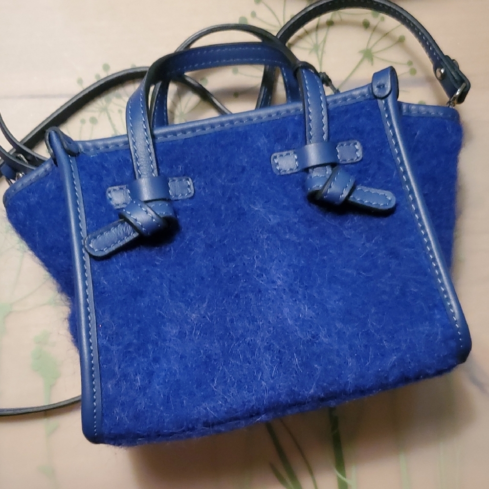 NWT Miss Marcella Small Wool Blend With Leather Trim Blue Italian Handbag
